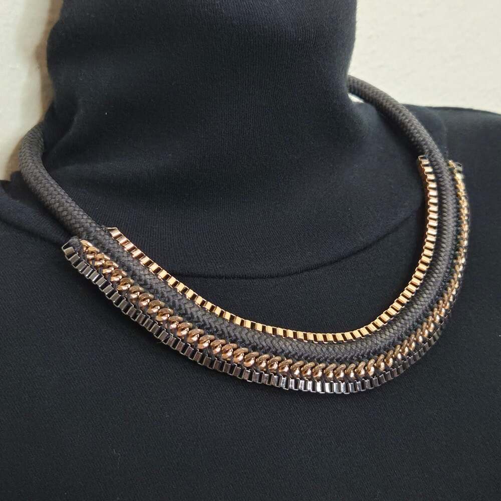 Chunky Black Braided Cord Collar Necklace with Metal Chain Zipper Accents - Picture 3 of 7